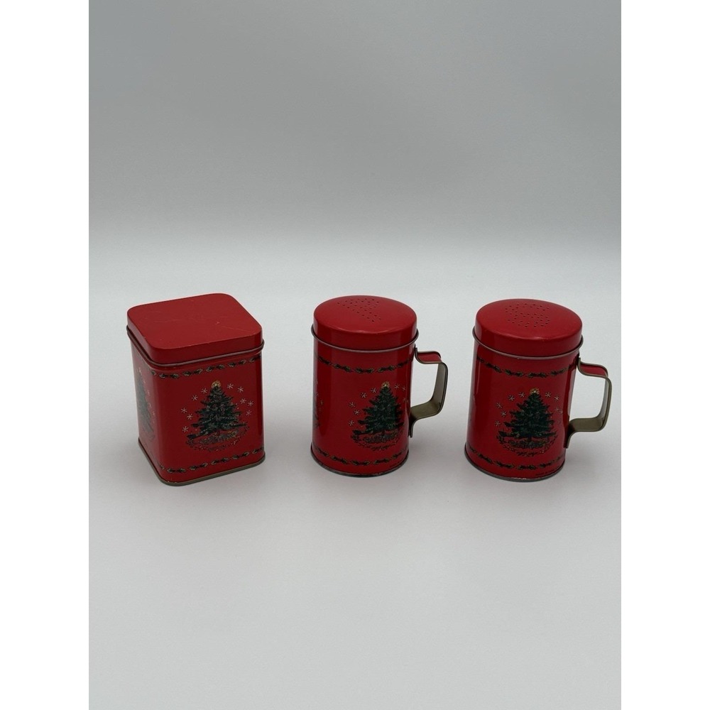 Vintage Tin Christmas Tree Salt & Pepper Shakers Red w/Handle Small Canister Set